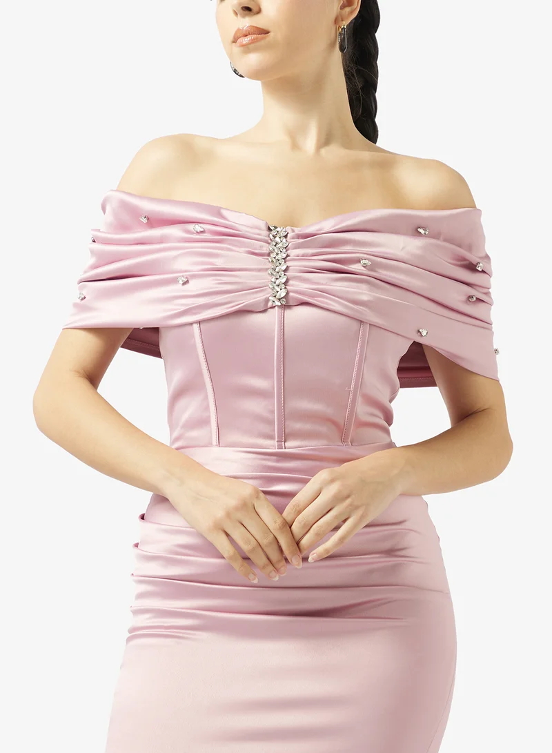 Akadia Fashion  EMBELLISHED SHOULDER SATIN DRESS for Women | Best Price UAE